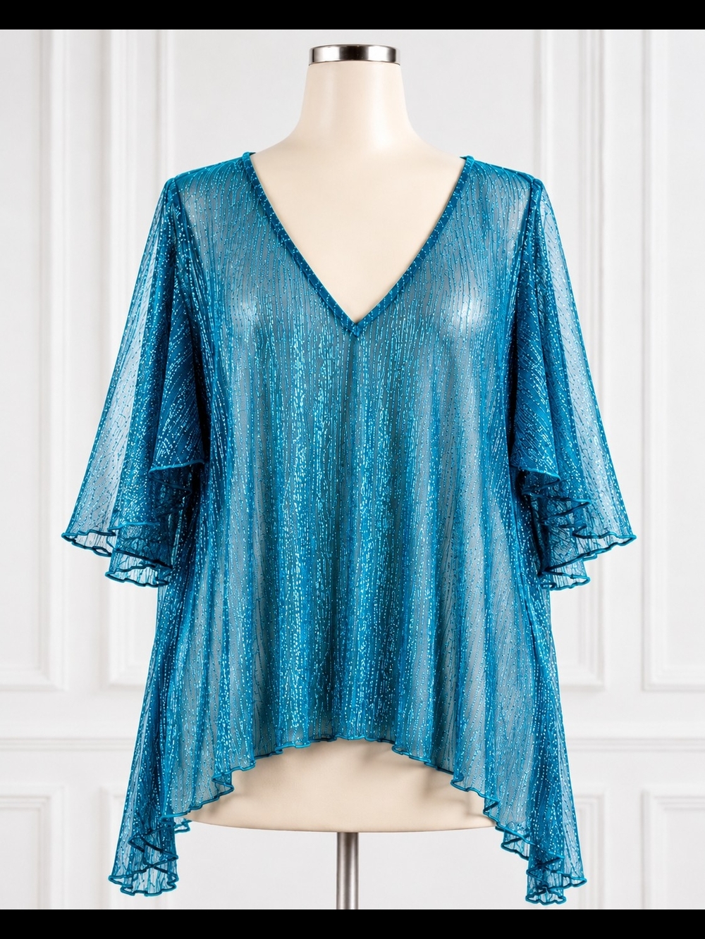 MakeMeChic 3X Plus Teal Shimmer Sheer V-Neck Flowy Top